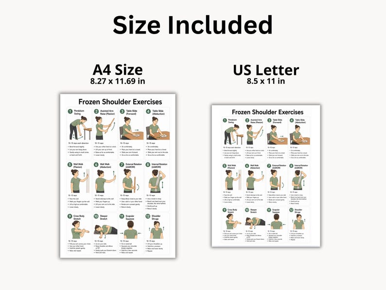 K&ouml;nnte beinhalten: Zwei wei&szlig;e Informationstafeln mit dem Titel Frozen Shoulder Exercises, die dreizehn nummerierte Illustrationen von Physiotherapie&uuml;bungen zeigen. Die linke Tafel ist im A4-Format (21,0 x 29,7 cm) und die rechte im US-Letter-Format (21,6 x 27,9 cm).