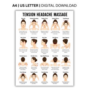 May include: A digital download chart titled TENSION HEADACHE MASSAGE, A4 | US LETTER. It features twenty illustrated instructional panels showing various massage techniques for the head, neck, and shoulders, with text labels for each specific movement.