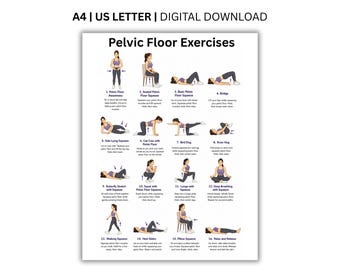 Può includere: Un poster digitale intitolato Pelvic Floor Exercises che mostra sedici illustrazioni numerate di una persona in abbigliamento sportivo viola che esegue vari movimenti, con testi descrittivi per ogni esercizio ed etichette A4 US Letter.