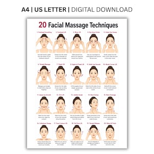 Peut inclure: Une affiche numérique intitulée 20 Facial Massage Techniques, disponible en formats A4 et US Letter. Elle présente vingt illustrations numérotées montrant une personne effectuant des mouvements manuels spécifiques pour le massage du visage.