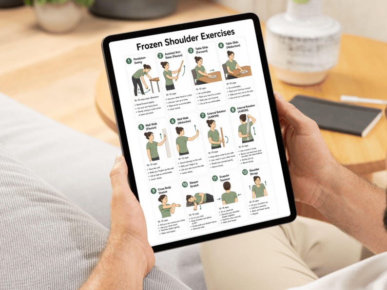 K&ouml;nnte beinhalten: Ein digitales Tablet mit einer &Uuml;bersicht namens Frozen Shoulder Exercises, die zw&ouml;lf nummerierte Illustrationen von physiotherapeutischen &Uuml;bungen mit begleitenden Texten zeigt, darunter Pendulum Swing, Table Slide und Scapular Squeeze.