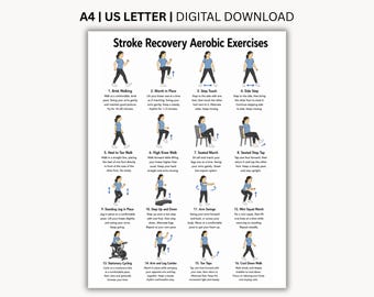 Może przedstawiać: Biały plakat informacyjny zatytułowany Stroke Recovery Aerobic Exercises zawierający szesnaście numerowanych ilustracji osoby w niebieskiej koszuli i czarnych spodniach wykonującej różne ćwiczenia fizyczne z opisowym tekstem.