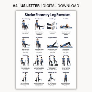 May include: A digital download chart titled Stroke Recovery Leg Exercises featuring A4 and US Letter text. It displays sixteen illustrated instructional panels showing various leg movements, including seated marching, knee extensions, and bridging.