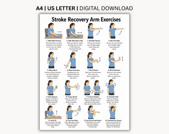 Może przedstawiać: Cyfrowy plakat do pobrania zatytułowany Stroke Recovery Arm Exercises, zawierający szesnaście numerowanych ilustracji osoby w niebieskim t-shircie wykonującej różne ćwiczenia fizjoterapeutyczne z niebieskimi strzałkami kierunkowymi i opisowymi instrukcjami.