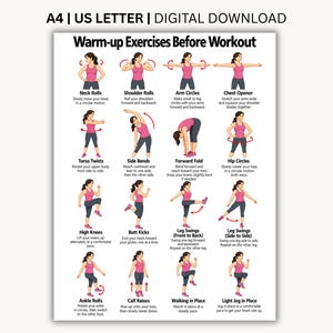 Peut inclure: Une affiche numérique intitulée Warm-up Exercises Before Workout, présentant seize illustrations d'une personne en débardeur rose et legging noir effectuant divers étirements et mouvements, accompagnées de textes descriptifs pour chaque exercice.