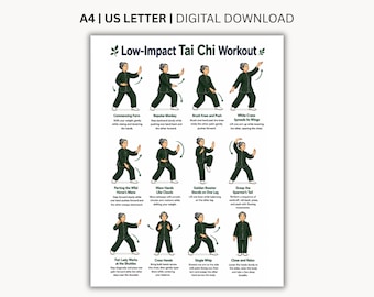 Può includere: Un poster digitale intitolato Low-Impact Tai Chi Workout che presenta dodici illustrazioni di una persona in abiti verde scuro che esegue vari movimenti con testo descrittivo per ogni posa, inclusi i formati A4 e US Letter.