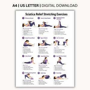 Könnte beinhalten: Ein digitaler Download-Plan mit dem Titel Sciatica Relief Stretching Exercises, der zwölf nummerierte Illustrationen einer Person in violetter Sportkleidung bei verschiedenen Dehnübungen sowie erklärende Texte zeigt, beschriftet mit A4 und US Letter.