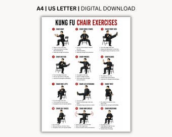 Może przedstawiać: Cyfrowy plakat zatytułowany KUNG FU CHAIR EXERCISES przedstawiający dwanaście numerowanych ilustracji osoby w czarnym stroju wykonującej różne ruchy siedząc na krześle, z opisowym tekstem dla każdego ćwiczenia umieszczonym poniżej.