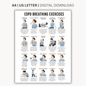 Könnte beinhalten: Ein digitales Poster mit dem Titel COPD BREATHING EXERCISES, das zwanzig illustrierte Felder enthält. Jedes Feld zeigt eine Person in einem blauen Hemd bei einer Atemübung mit begleitendem erklärendem Text in schwarzer Schrift.