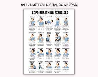 Może przedstawiać: Cyfrowy plakat zatytułowany COPD BREATHING EXERCISES zawierający dwadzieścia ilustrowanych paneli. Każdy panel przedstawia osobę w niebieskiej koszuli demonstrującą technikę oddychania wraz z instrukcją w czarnym kolorze.