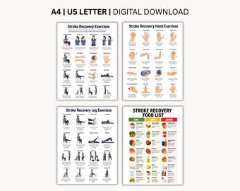 Może przedstawiać: Zestaw czterech arkuszy instruktażowych do pobrania cyfrowego zatytułowanych Stroke Recovery Exercises, Hand Exercises, Leg Exercises oraz Food List, dostępnych w formatach A4 i US Letter, zawierających ilustracje ćwiczeń.