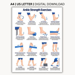 Op de afbeelding: Een digitale downloadposter getiteld Ankle Strength Exercises met zestien geïllustreerde panelen die diverse fysiotherapeutische oefeningen voor voeten en enkels demonstreren, waaronder enkelcirkels, pompbewegingen en oefeningen met weerstandsbanden.
