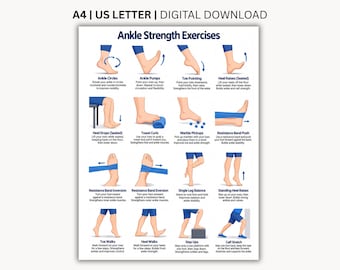 Może przedstawiać: Cyfrowy plakat zatytułowany Ankle Strength Exercises zawierający szesnaście ilustrowanych paneli przedstawiających różne ćwiczenia fizjoterapeutyczne dla stóp i kostek, w tym krążenia kostek, pompki oraz ćwiczenia z taśmą oporową.
