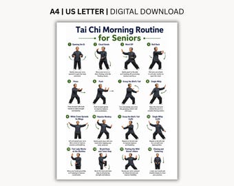 Może przedstawiać: Cyfrowy plakat zatytułowany Tai Chi Morning Routine for Seniors, zawierający szesnaście ponumerowanych ilustracji osoby w czarnym ubraniu wykonującej różne ruchy Tai Chi wraz z opisowym tekstem dla każdego kroku.