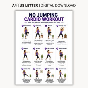 Trening cardio bez skakania do druku | Ćwiczenia cardio o niskim wpływie (PDF) | Przyjazny dla stawów plan treningowy w domu | 12 ćwiczeń | Pobierz natychmiast