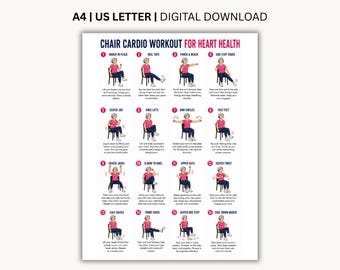 Może przedstawiać: Cyfrowy plakat do pobrania zatytułowany CHAIR CARDIO WORKOUT FOR HEART HEALTH, zawierający szesnaście numerowanych ilustracji osoby w różowej koszuli i niebieskich spodniach wykonującej ćwiczenia na czarnym krześle, wraz z instrukcjami tekstowymi.