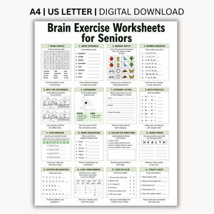 Op de afbeelding: Een digitaal werkblad getiteld Brain Exercise Worksheets for Seniors, met zestien verschillende cognitieve activiteiten zoals woordzoekers, woordhusselaars, geheugenspellen, getallenreeksen, zoek de verschillen en rekenoefeningen.