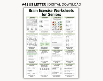 Może przedstawiać: Cyfrowy arkusz ćwiczeń zatytułowany Brain Exercise Worksheets for Seniors, zawierający szesnaście różnych zadań poznawczych, w tym wykreślanki, anagramy, gry pamięciowe, ciągi liczbowe, znajdowanie różnic oraz proste zadania matematyczne.