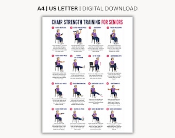 Może przedstawiać: Cyfrowy plakat do pobrania zatytułowany CHAIR STRENGTH TRAINING FOR SENIORS, zawierający szesnaście ponumerowanych ilustracji osoby w fioletowej koszuli i niebieskich spodniach wykonującej różne ćwiczenia na siedząco wraz z instrukcjami.