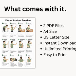 K&ouml;nnte beinhalten: Ein digitales Dokument mit dem Titel Frozen Shoulder Exercises, das zw&ouml;lf nummerierte Illustrationen von Physiotherapie&uuml;bungen zeigt. Der Text listet 2 PDF Files, A4 Size, US Letter Size, Instant Download, Unlimited Printing und Easy to Print auf.