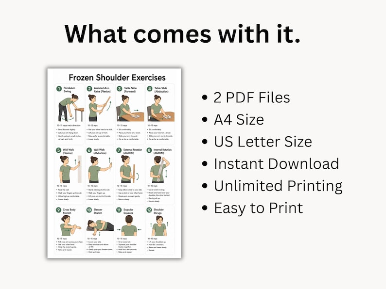 K&ouml;nnte beinhalten: Ein digitales Dokument mit dem Titel Frozen Shoulder Exercises, das zw&ouml;lf nummerierte Illustrationen von Physiotherapie&uuml;bungen zeigt. Der Text listet 2 PDF Files, A4 Size, US Letter Size, Instant Download, Unlimited Printing und Easy to Print auf.