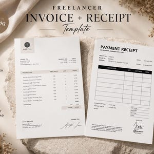 Op de afbeelding: Een digitaal sjabloon voor een factuur en betalingsbewijs voor freelancers, met een strakke, minimalistische lay-out met zwarte tekst op wit papier. De documenten bevatten velden voor factuurgegevens, omschrijvingen en totalen.