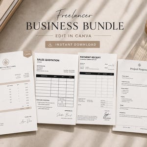 May include: A digital business document set featuring a Freelancer Business Bundle title, including a sales quotation, payment receipt, and project proposal. The white papers display black text, tables, and branding elements, designed for editing in Canva.