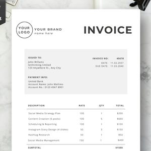 May include: A white invoice template with the word "INVOICE" in bold, black letters. The document includes sections for a logo, brand name, and client details. It lists services like social media strategy and content creation, with rates and totals.
