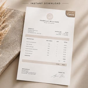 Puede incluir: Una plantilla de factura blanca con el texto Isabella Williams design & branding en la parte superior, con secciones para detalles del cliente, servicios detallados, precios unitarios, cantidades, totales, datos bancarios y una nota de agradecimiento con firma.