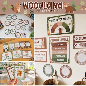 May include: A Woodland Collection classroom decor set featuring a voice level meter, instructional signs, and alphabet circles. The items display earthy tones, woodland animal illustrations, and text including Voice Level Meter, Silent, Whisper Voice, Partner, Presenter, and Outdoor.