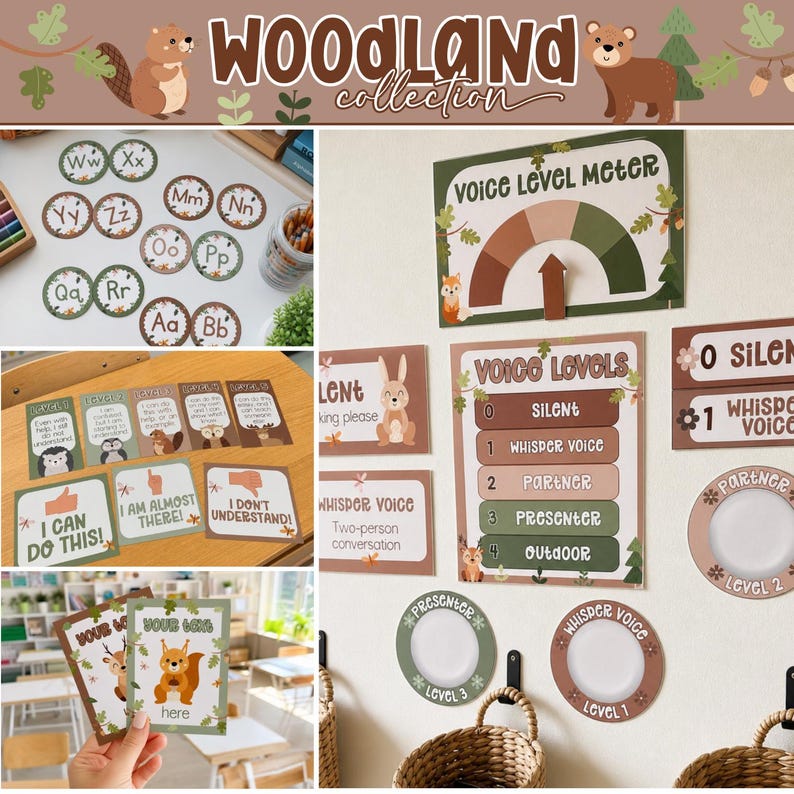May include: A Woodland Collection classroom decor set featuring a voice level meter, instructional signs, and alphabet circles. The items display earthy tones, woodland animal illustrations, and text including Voice Level Meter, Silent, Whisper Voice, Partner, Presenter, and Outdoor.