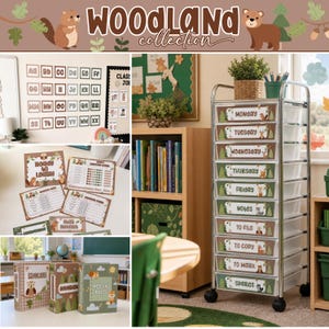 May include: A Woodland Collection classroom organization set featuring labels for days of the week, notes, and files. The set includes alphabet wall cards, binder covers, and drawer labels decorated with woodland animals like bears and beavers.