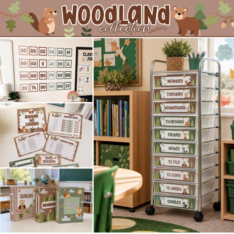 May include: A Woodland Collection classroom organization set featuring labels for days of the week, notes, and files. The set includes alphabet wall cards, binder covers, and drawer labels decorated with woodland animals like bears and beavers.