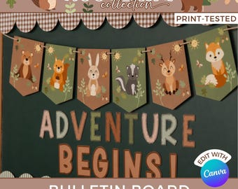 Cozy Forest Animal Classroom Decor Kit, Editable Neutral Woodland Theme Posters, Printable Back to School Bulletin Board Set WO1