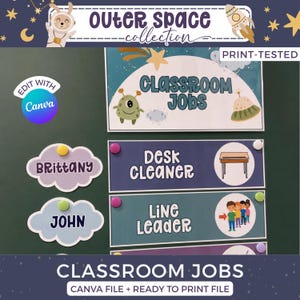 Outer Space Classroom Jobs Chart, Galaxy Theme Class Jobs Bulletin Board Kit, Composition Notebook Helper Cards, Canva PDF SE1