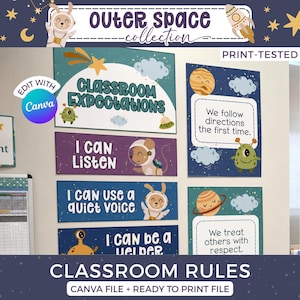 Placas com regras para sala de aula no tema espaço sideral, pôsteres de gestão comportamental com tema galáxia, decoração de mural para desenvolvimento da mentalidade de crescimento socioemocional SE1