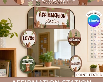 Woodland Classroom Affirmations Mirror, SEL Positive Positivity Posters for Elementary Students, Growth Mindset Sign Printables WO1