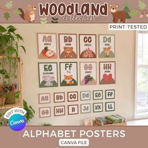Natural Woodland Teacher Organization Supplies, Cute Pastel Wood Alphabet Chart Bundle, Editable Calm Classroom Decor Layout