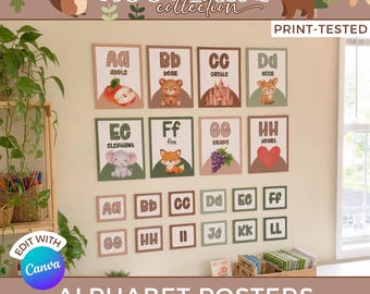 Natural Woodland Teacher Organization Supplies, Cute Pastel Wood Alphabet Chart Bundle, Editable Calm Classroom Decor Layout