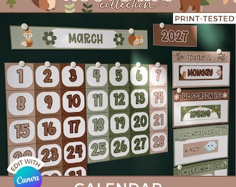 Back to School Classroom Calendar Set, Neutral Woodland Animals Theme Decor, Elementary Teacher Printables Wall Display PDF Page WO1