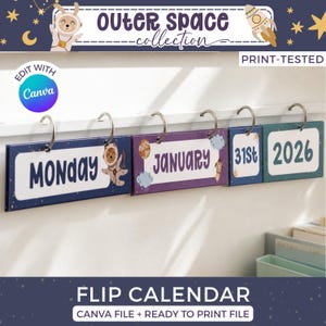 May include: A flip calendar featuring an outer space theme with rectangular cards displaying the text Monday, January, 31st, and 2026. The cards are held by metal rings on a white bar, decorated with illustrations of astronauts, planets, and stars.