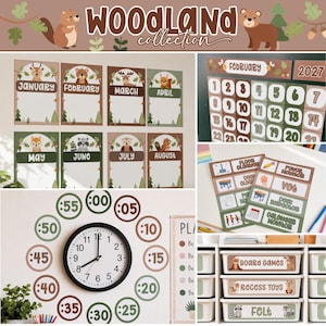 May include: A Woodland Collection classroom decor set featuring monthly calendar headers with forest animals, a February 2027 calendar grid, classroom job labels, a circular clock time display, and labeled storage bin inserts for board games and toys.