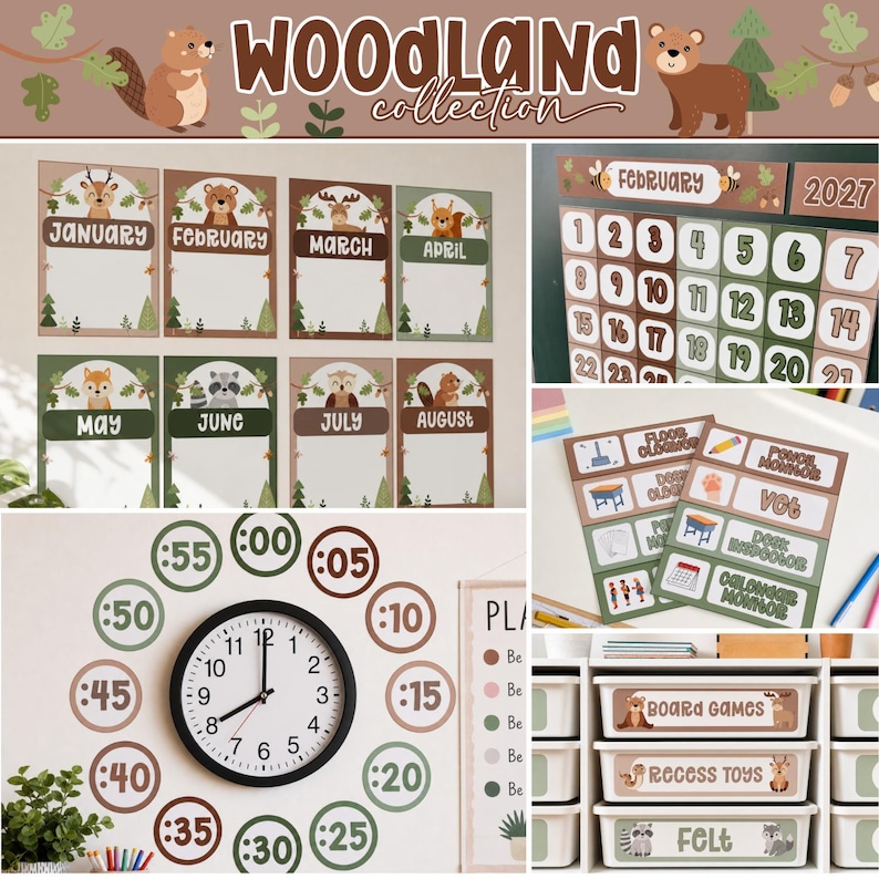 May include: A Woodland Collection classroom decor set featuring monthly calendar headers with forest animals, a February 2027 calendar grid, classroom job labels, a circular clock time display, and labeled storage bin inserts for board games and toys.