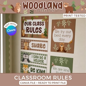 May include: A set of classroom wall posters featuring woodland animals and text including Our Class Rules, Share, I Can Be A Helper, Be Kind, We Try Our Best Every Day, and We Are Kind To One Another, decorated with leaves, trees, and butterflies.