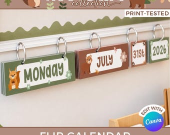 Editable Teacher Calendar Display, Woodlands Decor Classroom Bundle, School Management Printables for Preschool Primary, PDF Kit WO1