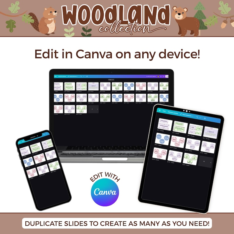 May include: A digital template set titled Woodland Collection displayed on a laptop, tablet, and smartphone screen. The screens show multiple slide layouts with circular diagrams and text. The text Edit in Canva on any device is visible.