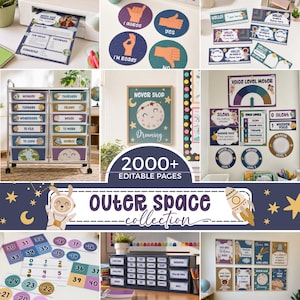 May include: A collection of printable classroom decor featuring outer space themes, including editable pages, drawer labels for days of the week, voice level charts, number cards, and name tags with illustrations of planets, stars, and astronauts.