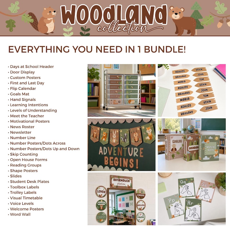 May include: A Woodland Collection classroom decor bundle featuring a list of items including a door display, posters, and labels. The image shows a rolling cart, name tags, a banner reading Adventure Begins, binders, and alphabet cards with illustrations.