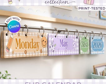 Bright Primary Classroom Flip Calendar, Editable Calendar Cards Display, Canva Printable Flip Calendar, Classroom Management SC1