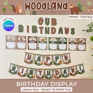 May include: A woodland-themed birthday display set featuring a banner with the text HAPPY BIRTHDAY, monthly calendar cards from January to August with animal illustrations, and the header text OUR BIRTHDAYS in brown and green letters.